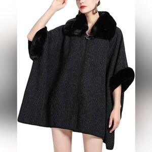 Creation Poncho Women's Black Gray Wool Blend Faux Fur Size One Size Fits All